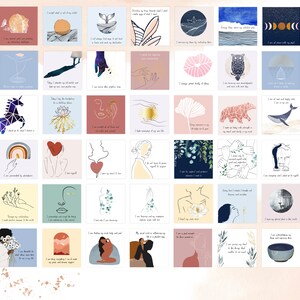 以下が含まれることがあります： カラフルなイラストと前向きなメッセージが書かれた、36枚のアファメーションカードのセット。カードには、動物、植物、幾何学模様、抽象的なアートなど、さまざまなデザインが描かれています。各カードには、「私は強く、有能です」「私は愛されるに値する」「私は人生に感謝しています」など、異なるアファメーションが印刷されています。