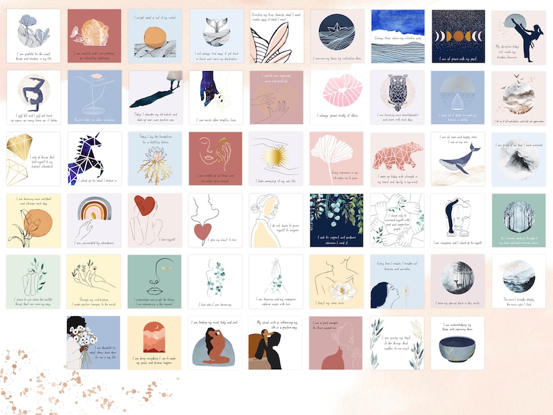 以下が含まれることがあります： カラフルなイラストと前向きなメッセージが書かれた、36枚のアファメーションカードのセット。カードには、動物、植物、幾何学模様、抽象的なアートなど、さまざまなデザインが描かれています。各カードには、「私は強く、有能です」「私は愛されるに値する」「私は人生に感謝しています」など、異なるアファメーションが印刷されています。