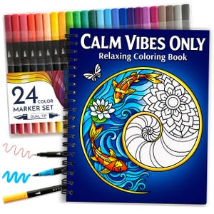 May include: A spiral-bound coloring book titled Calm Vibes Only Relaxing Coloring Book featuring a koi fish and lotus illustration, paired with a 24-color dual-tip marker set. The cover displays a blue background with a circular design.