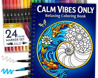 May include: A spiral-bound coloring book titled Calm Vibes Only Relaxing Coloring Book featuring a koi fish and lotus illustration, paired with a 24-color dual-tip marker set. The cover displays a blue background with a circular design.
