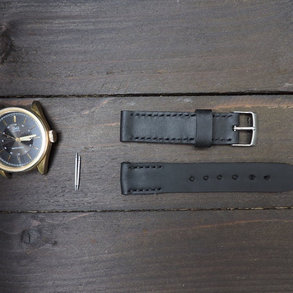 Mens Leather Watch Strap, Vintage Watch Band, Custom Black Watch Strap, Slim Watch Strap, Watch Band, Size 18mm 20mm 22mm 24mm
