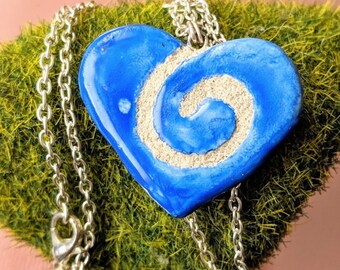 Clay Silver Heart Necklace - Handmade Blue Spiral Twist - Ceramic Tile - REVERSIBLE 056