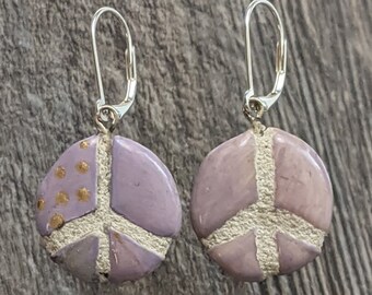 Peace Sign Earrings - REVERSIBLE Mosaic Tile Purple Ceramic Dangles 015