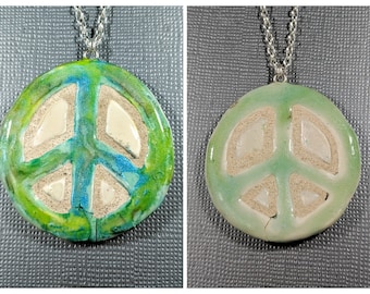 REVERSIBLE Green Peace Sign Necklace Mosaic Tile Pendant 038