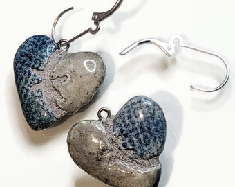 REVERSIBLE Ceramic Heart - Denim and Silver Mosaic Tile Earrings