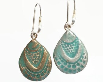 Teardrop Earrings REVERSIBLE Gold Silver Turquoise Ceramic Seashell Dangle Drop Earrings 038