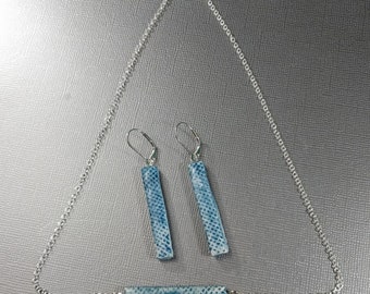 Ceramic Denim Jewelry Set - REVERSIBLE Blue Jean Bar Necklace and Earrings