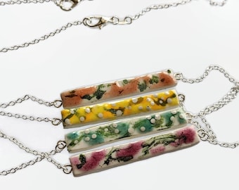 Bar Necklace REVERSIBLE Ceramic Floral Tile