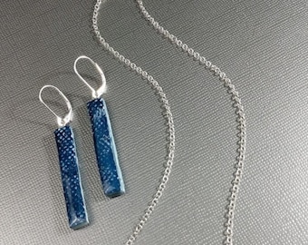 REVERSIBLE Blue Jean Bar Necklace and Earrings - Ceramic Denim Jewelry Set