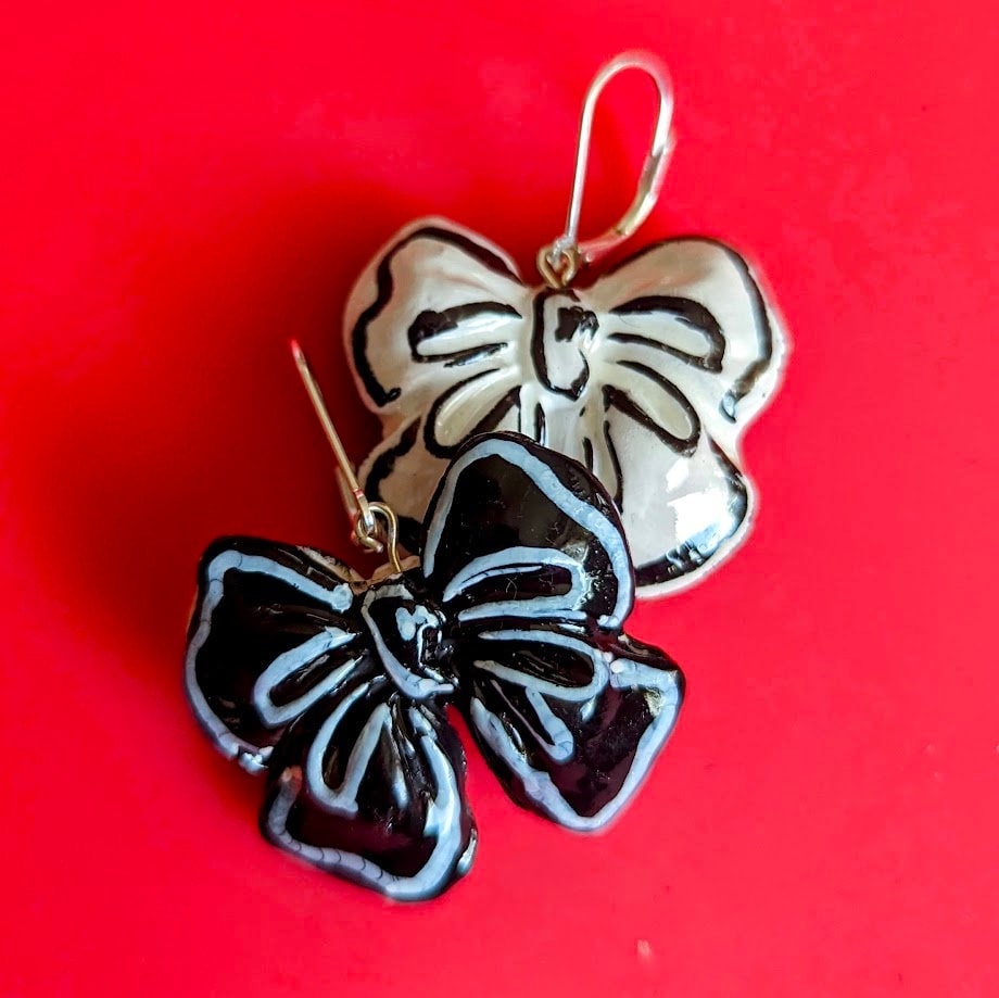 Bow Earrings Black and White 2-D Anime REVERSIBLE Graphic Statement