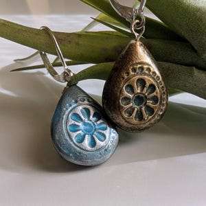 Gold Teardrop Earrings REVERSIBLE Handmade Embossed Ceramic Dangle 027