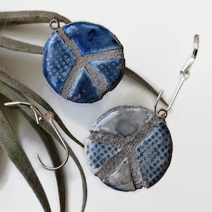 Peace Sign Earrings REVERSIBLE Mosaic Tile Ceramic Denim Fabric Look 040