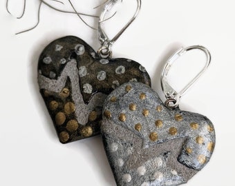 Heartbeat Earrings REVERSIBLE Black and Silver Mosaic Tile with Gold Polka Dots