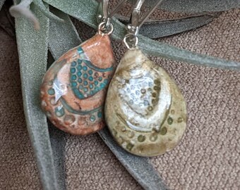 Coral Seashell Teardrop Earrings REVERSIBLE Ceramic Tile Dangles 029