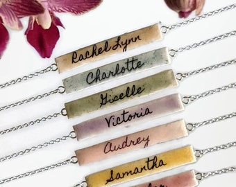 Personalized Bar Necklace Ceramic Custom Name REVERSIBLE Colorful Cursive Script Font