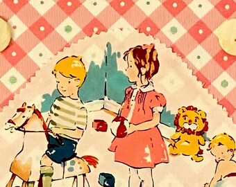 Wall decor retro child images on reproduction fabrics multimedia collage canvas ready to hang one-of- a- kind original art. Small format.