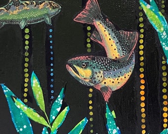 Whimsical fish fabric art collage ready to hang small decorative canvas multi media piece   original composition. Multi-media art piece.
