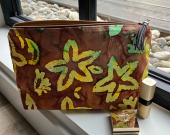 Starfish makeup bag batik cotton. One of a kind hidden zipper tabs.