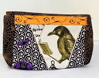 Gothic raven applique cotton lined zipper pouch.   Fabric collage raw edge appliques. Great gift for the Goth maiden.