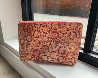 Dusty rose batik makeup bag quilt shop cotton lined zip pouch handmade hidden zip tabs one of a kind