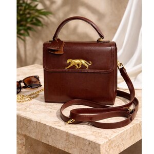 Vintage Brown Leather Panther Emblem Top Handle Crossbody Structured Classic