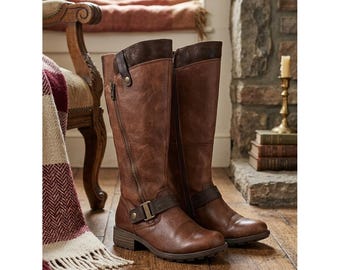 Earth Origins Brown Leather Knee High Riding Boots Buckle Low Heel 6.5 Wide