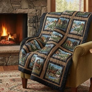 Op de afbeelding: Een patchwork quilt met vierkanten met paarden- en landschaps taferelen. De quilt heeft een zwarte rand en een bruine patroonrand. Het is gedrapeerd over een groene fauteuil voor een stenen open haard.