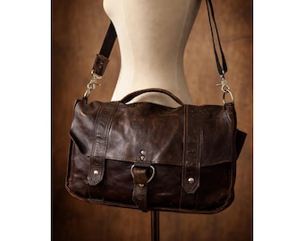 Vintage Distressed Leather Messenger Bag Brown Rugged Satchel USA