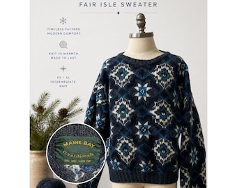 Maine Bay Fair Isle Wool Sweater Nordic Hand Knit Blue White L