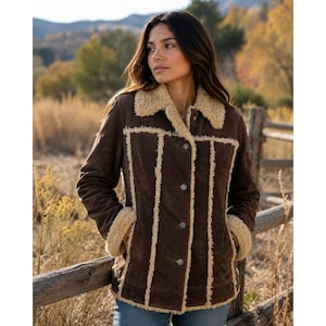 Wilsons Leather Brown Suede Faux Shearling Yellowstone Button Jacket Womens L