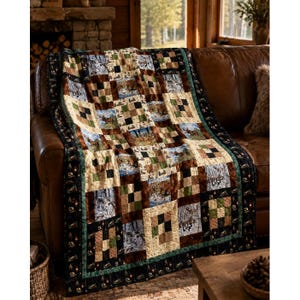 May include: A patchwork quilt featuring a repeating pattern of squares with wildlife imagery, including deer and moose, interspersed with solid blocks in shades of brown, tan, green, and black. The quilt has a dark border with small pine tree motifs.