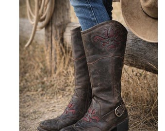 Born Tall Leather Riding Boots Harness Western Distressed Patina Boho Gothic