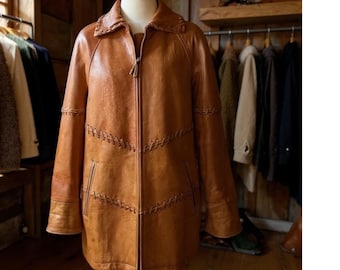 Vintage Cognac Leather Ranch Coat Whipstitch Western Boho Jacket Large