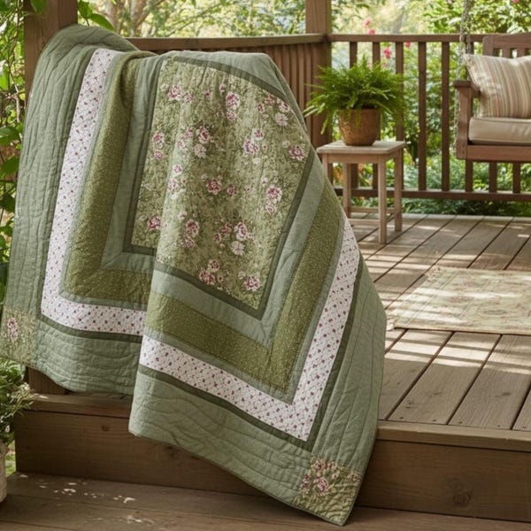 Vintage Green Floral Patchwork Quilt Cottage Country Farmhouse Bedding Full