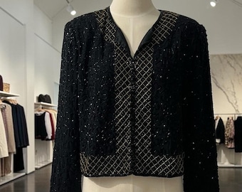 Stephanie Thomas Vintage Black Gold Beaded Cropped Jacket Evening Bolero Glam XL