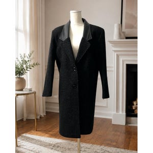 David Benjamin Schwarze Wollmischung Lange Blazer Mantel Lederbesatz Metallic Flecken 8