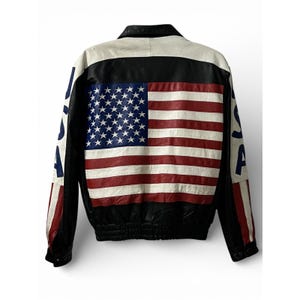 Interstate Leather Mens USA American Flag Bomber Jacket Black Red White Blue M