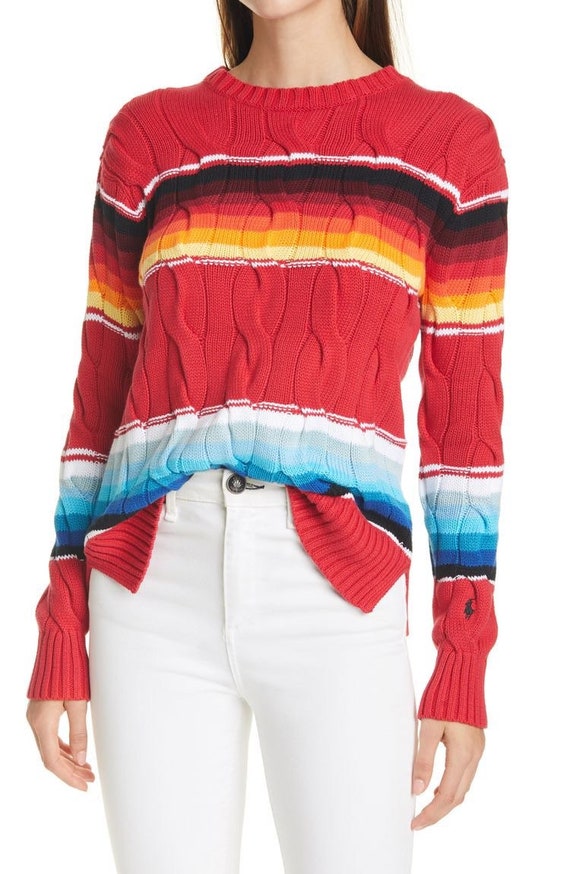 2TimesToo Ralph Lauren Polo Women Serape Colour Block Ombre Striped Jumper Cable Knit Serape Sweater M