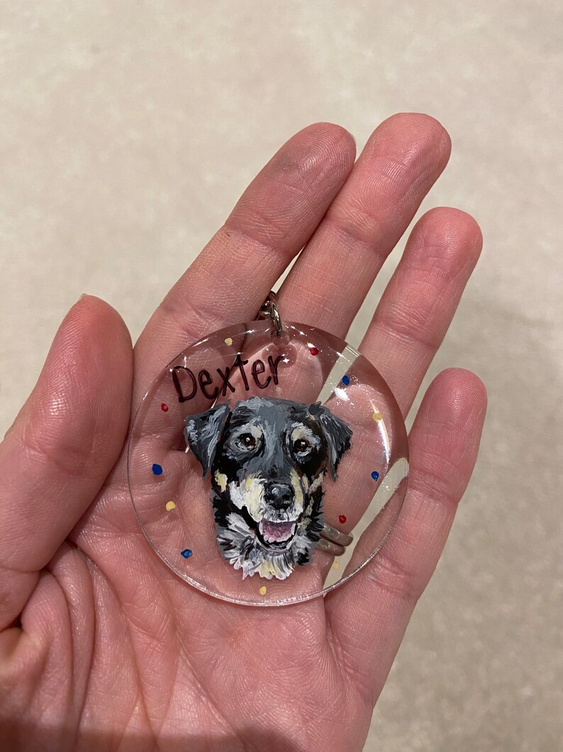 May include: A clear, round keychain featuring a painted portrait of a dog with the name "Dexter" above the dog's head. The dog has black, gray, and tan fur. The keychain has a silver metal ring and is decorated with small colorful dots.