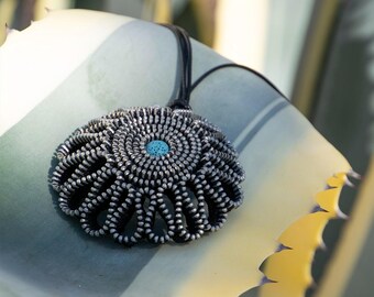 “Zipper Style” Necklace with Blue Lava – Spectacular | Medallion | Zipper and Volcanic Stone Statement Piece | Spectacular