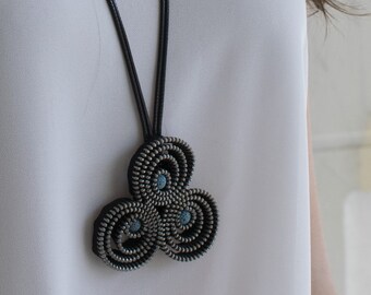 Long Necklace with 3 Zipper Spirals and Lava