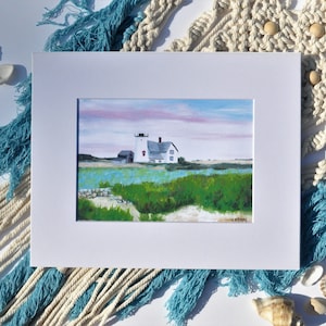 Cape Cod Matted Art Print, &quot;Stage Harbor Lighthouse&quot; painting by a local artist, ocean New England seashore sunset decor