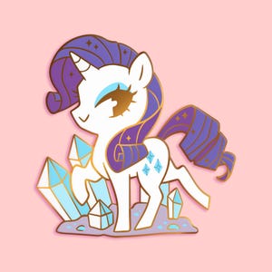 May include: A white unicorn with a purple and blue mane and tail stands on a bed of blue crystals. The unicorn has a gold horn and gold eyes. The unicorn is a cartoon character.