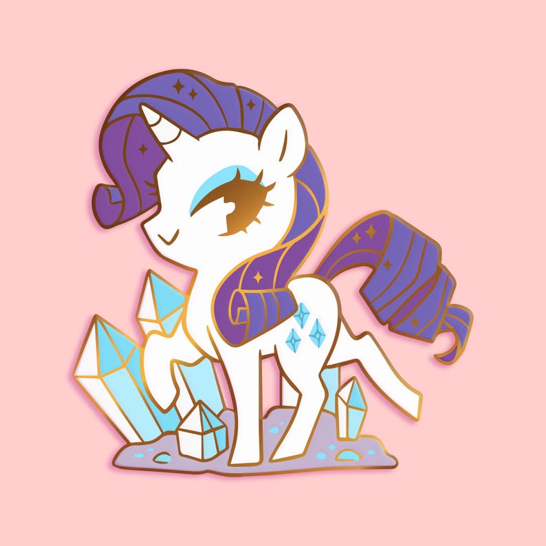 May include: A white unicorn with a purple and blue mane and tail stands on a bed of blue crystals. The unicorn has a gold horn and gold eyes. The unicorn is a cartoon character.