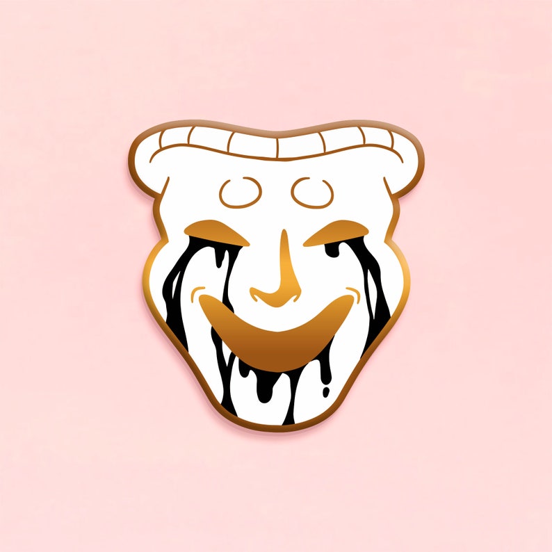 May include: A white and gold theatrical mask with black tears, set against a pink background. The mask has a smiling mouth and a detailed design, evoking themes of drama and performance.