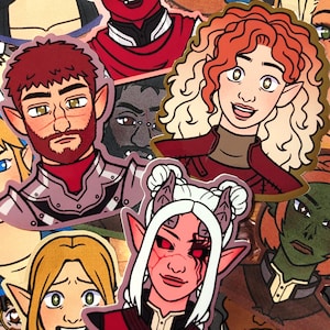 May include: A collection of colorful illustrated stickers featuring various characters with different hairstyles, skin tones, and facial expressions. The stickers are designed in a cartoon style and feature details like horns, ears, and clothing.