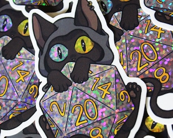Holographic Glitter D20 Cat | Weather-Proof Vinyl Stickers (Dungeons and Dragons)