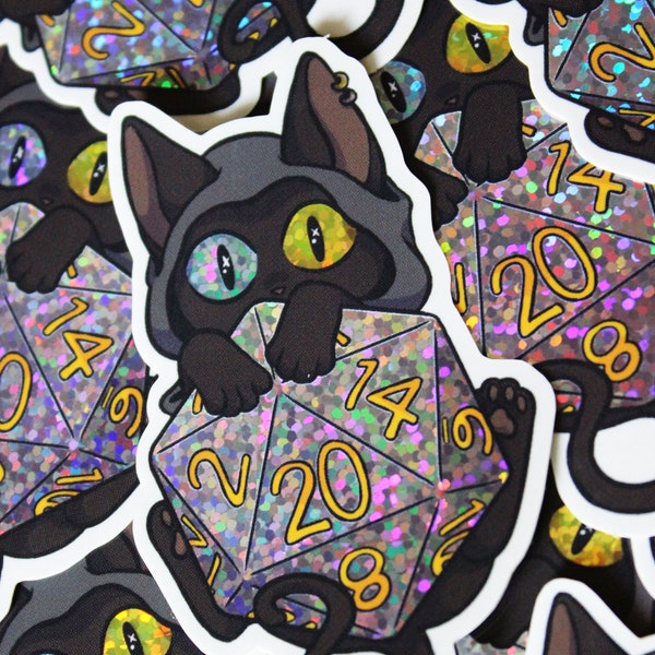 Holographic Glitter D20 Cat | Weather-Proof Vinyl Sticker (Dungeons and Dragons)