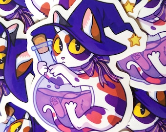 Calico Cat with Potion | Weather-Proof Clear Vinyl Sticker (Dungeons and Dragons, TTRPG)