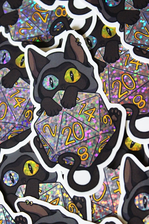 Holographic Glitter D20 Cat | Weather-Proof Vinyl Stickers (Dungeons and Dragons)